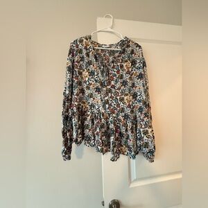 Time and Tru White Floral Tunic with Green, Red and Mustard Accents